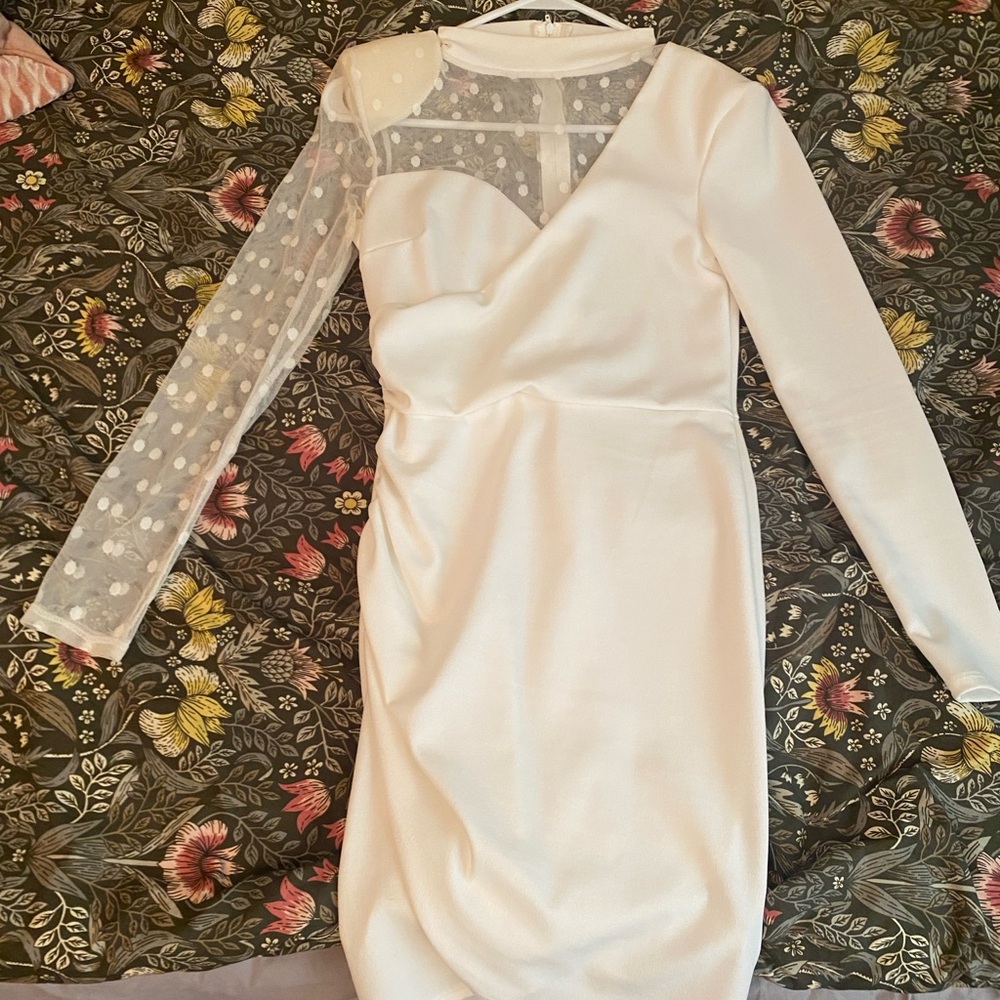White Asymmetrical Sheath Dress with Long Sleeves for Brides